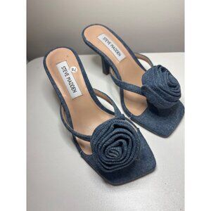 Steve Madden Jannie Blue Denim Floral kitten Heeled Sandals Size 5.5 Square Toe